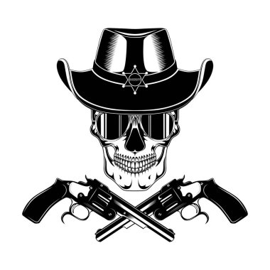     Kafatası gözlük tabanca ile bir Şerif'in şapkalı. Beyaz arka planda siyah ve beyaz vektör görüntü.