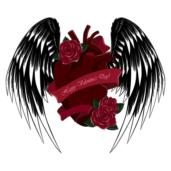 Herz Mit Roten Rosen Schleife Und Flügeln Glückwunsch Zum Valentinstag — Stockvektor
