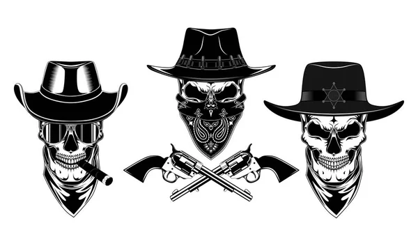 Cowboy Készlete Vektor Képek Koponyák Kalapok Bandanas Revolverek Szivar Szemüveg — Stock Vector