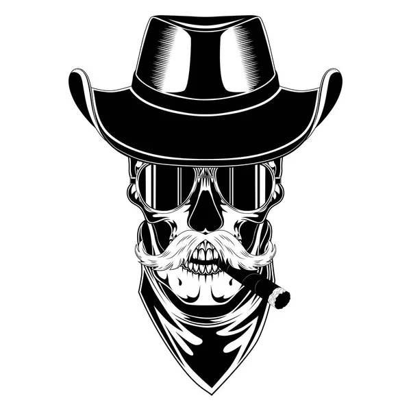 Skalle Cowboy Hatt Med Mustasch Och Cigarr — Stock vektor