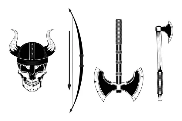 Conjunto Imágenes Vectoriales Cráneo Vikingo Casco Con Cuernos Arco Flecha — Vector de stock