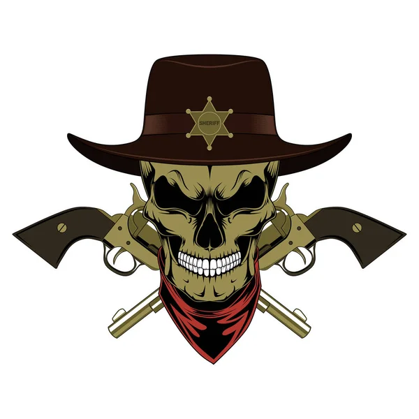 Skull Sheriff Hat Pistols Vector Image White Background — Stock Vector