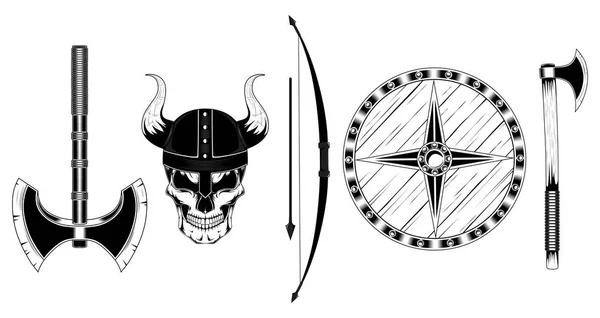 Verzameling Van Vector Afbeeldingen Schedel Viking Helm Boog Met Pijl — Stockvector