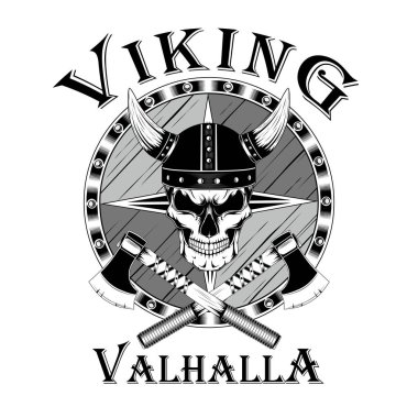 Beyaz arka plan Viking kafatasında miğfer, kalkan, eksen üzerinde vektör görüntü.       