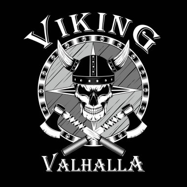 Viking kafatası bir kask ile boynuzları, kalkan, eksenleri içinde. Vektör görüntü siyah arka plan üzerine.       