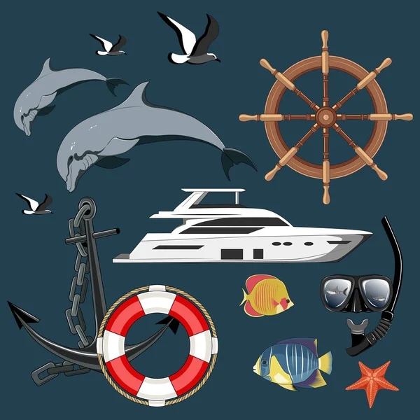 Vektor Bilder Auf Blauem Hintergrund Rettungsring Steuerrad Delfine Möwen Fische — Stockvektor