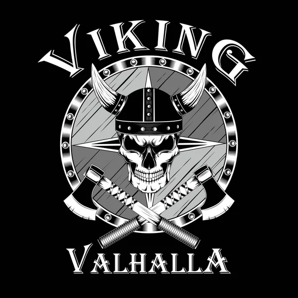 Crânio Viking Num Capacete Com Chifres Escudo Machados Imagem Vetorial — Vetor de Stock