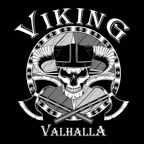Crâne Viking Dans Casque Avec Deux Haches Bouclier Image Vectorielle — Image vectorielle