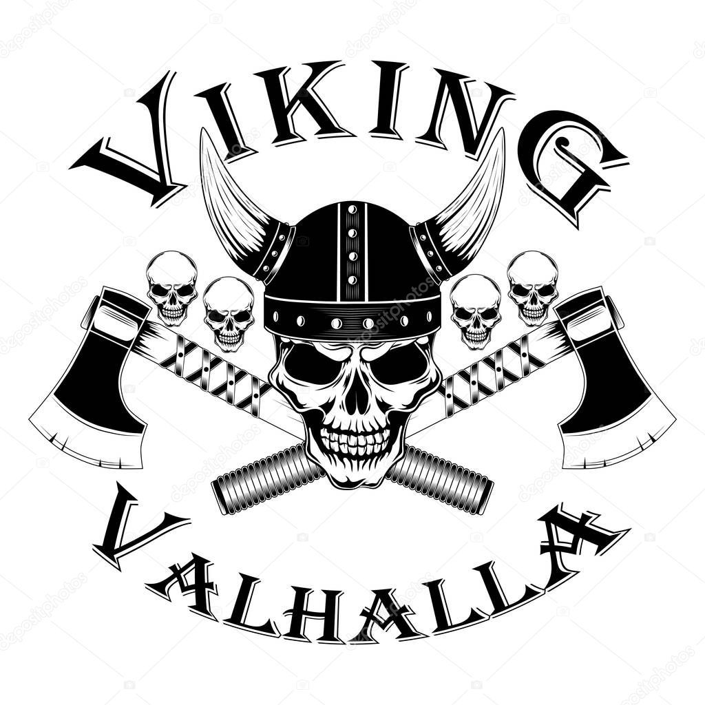 Skull viking, skulls, helmet, axes. Vector image on white background.  