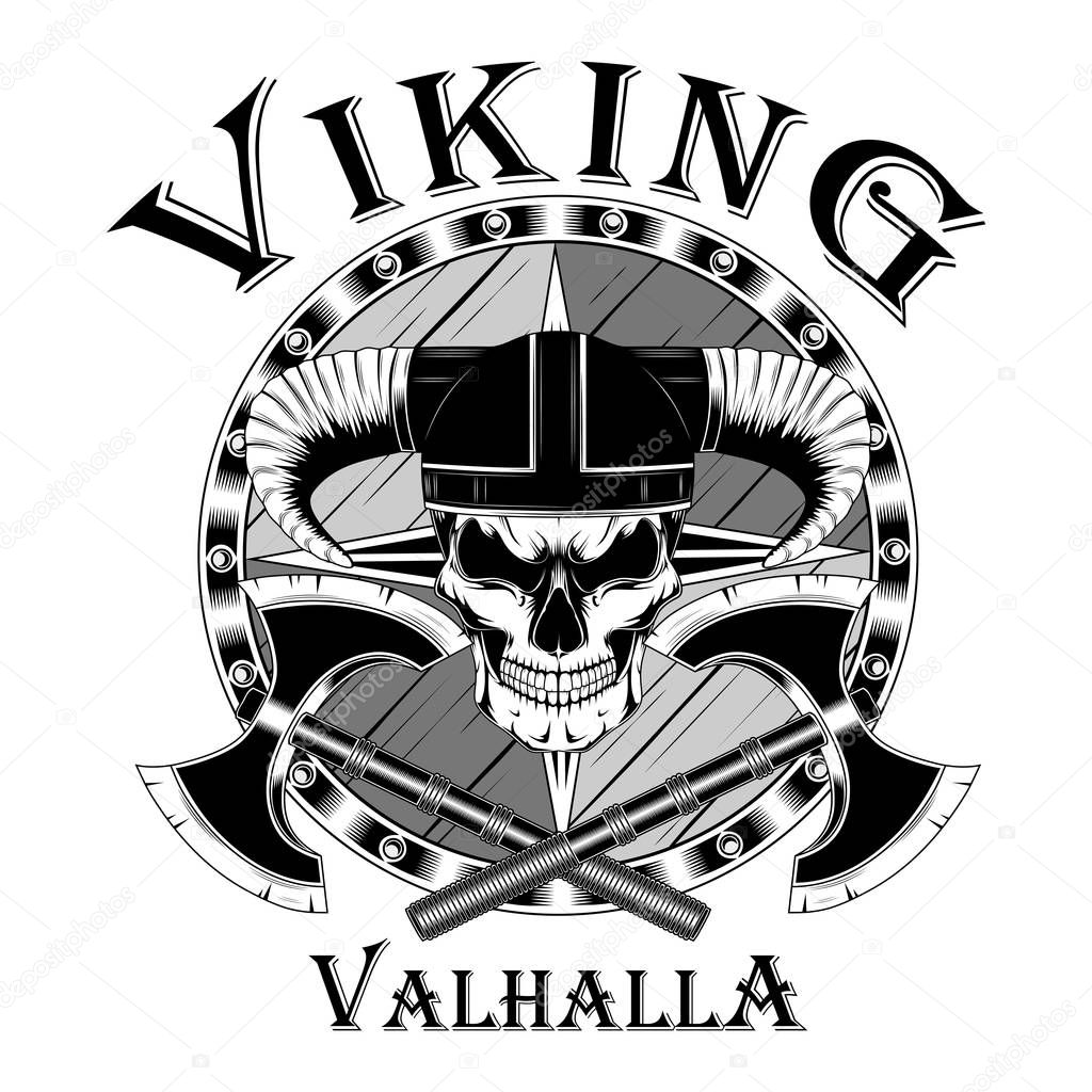 Vector image on white background Viking skull in helmet with horns, ax, shields.