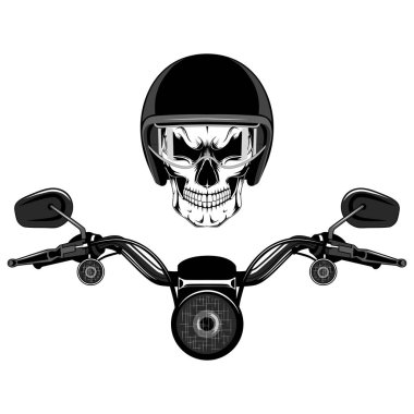 Kafatası bir kask ve bir motosiklet direksiyon simidi.