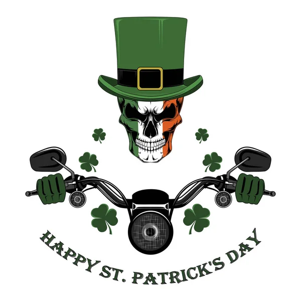 Image Vectorielle Saint Patrick Crâne Dans Chapeau Conduisant Une Moto — Image vectorielle