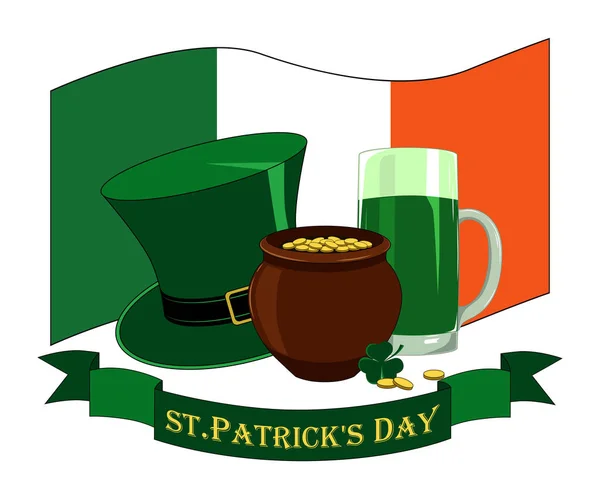 Set Vector Images Patrick Day Hat Beer Mug Flag Pot — Stock Vector