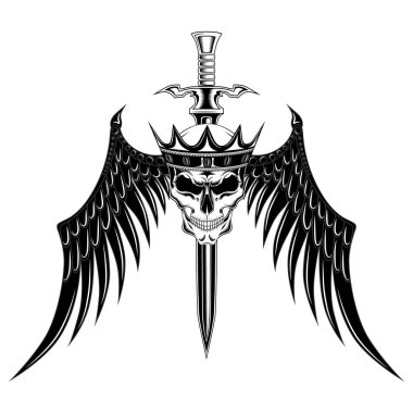 Kafatasında bir taç siyah kanatlar ve bir kılıç ile. Beyaz arka plan üzerinde vektör görüntü.