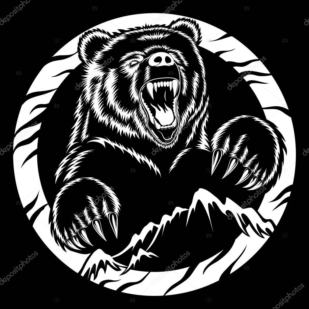 Angry bear and mountains. White vector image on black background.
