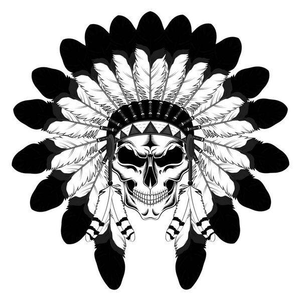 Indian skull in a crown of feathers. Vector image on white background.