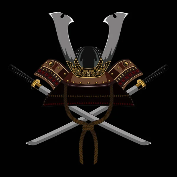 Casco Samurai Con Spade Immagine Vettoriale Colori Sfondo Nero — Vettoriale Stock