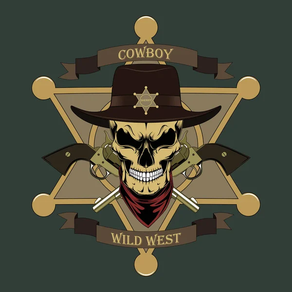 Skull sheriff with two revolvers and a sheriff star. — Stock Vector