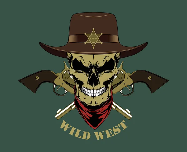 Skallen i en sheriff's hatt med en bandana runt hans hals och två — Stock vektor