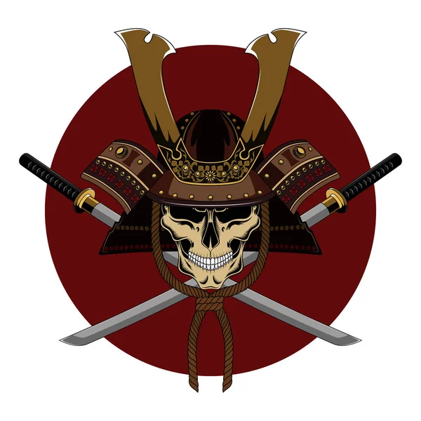 Calavera en un casco de samurai con dos espadas . — Vector de stock