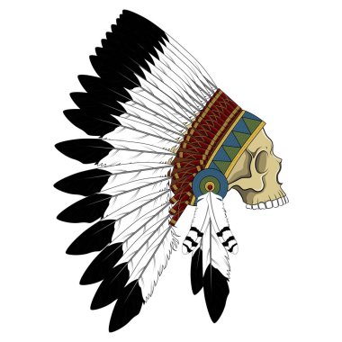 Kafatasında bir taç tüyler. Renkli vektör görüntü bir Kızılderili kafatası.