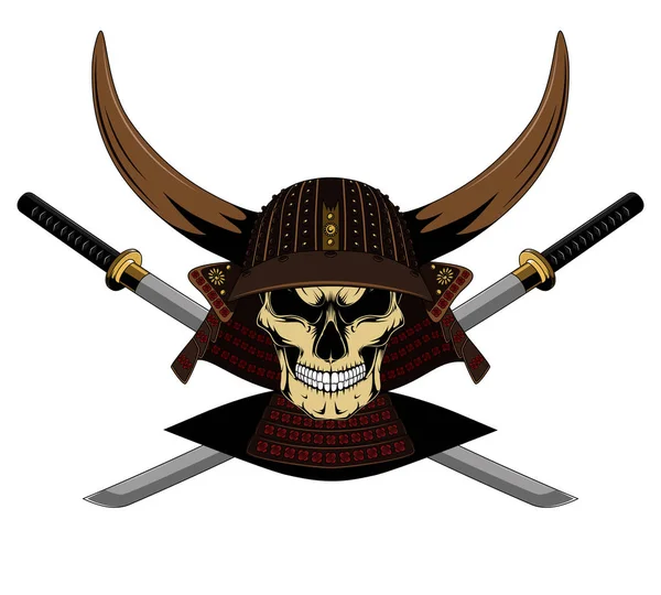 A vector image of a samurai skull in a helmet with horns and swords. — Stock Vector