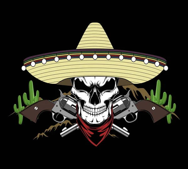 Crâne Chapeau Mexicain Avec Revolvers Image Vectorielle Sur Fond Noir — Image vectorielle
