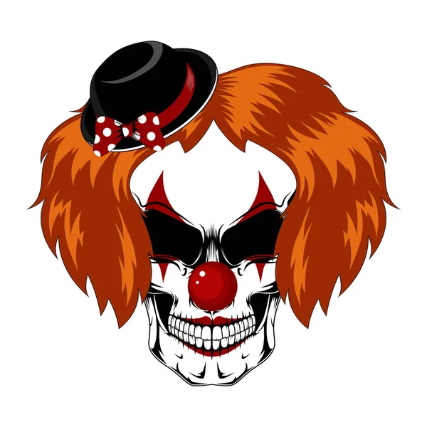 Imagen vectorial de un cráneo de payaso femenino con pelo rojo en un sombrero con un lazo . — Vector de stock