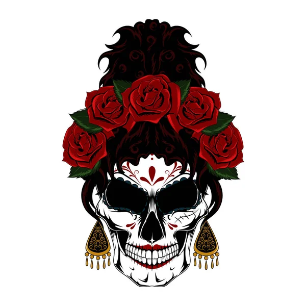 Mexikói női koponya és a koszorú, a rózsa és a fülbevaló. — Stock Vector