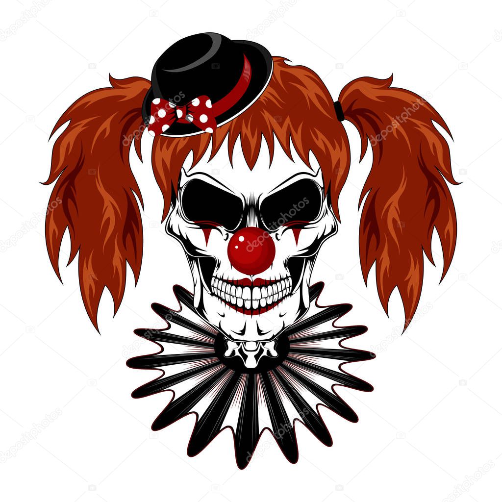 Vector image of a female clown skull with red hair. 