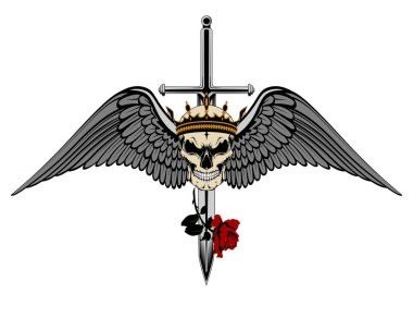 Bir taç, kılıç, kanatlar, gül bir kafatası renk vektör görüntü.