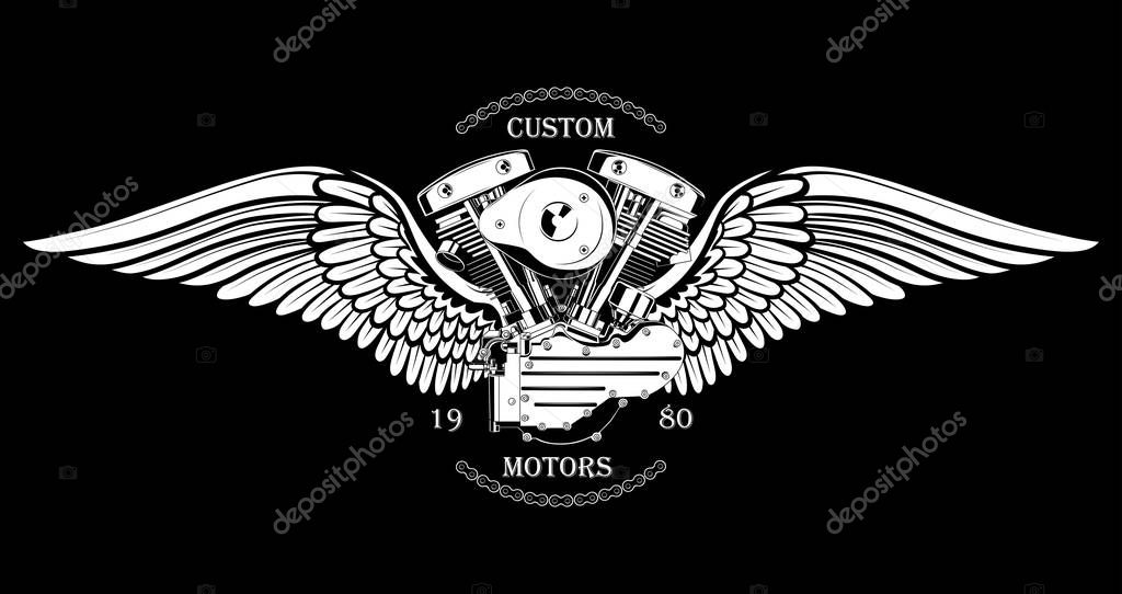 Black and white vector image of a motorcycle engine with wings. Image on black background.