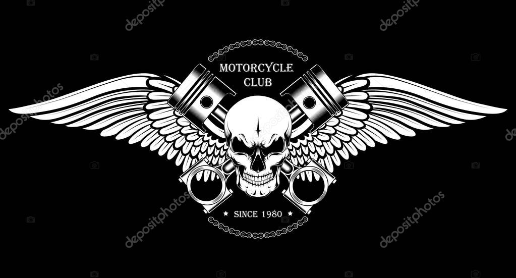 Vector image of a skull with pistons and wings. Black and white image of a motorcycle club emblem.
