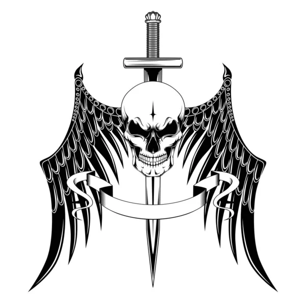 Black and white vector image skull, wings, sword, ribbon. — Stock Vector