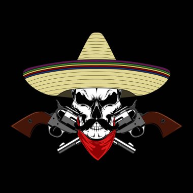 A vector image of a mexican skull with a mustache in a hat with a mustache in a hat with revolvers. clipart
