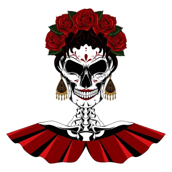 Imagen vectorial de una calavera mexicana con una corona de rosas . — Archivo Imágenes Vectoriales