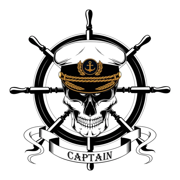 Der Schädel des Kapitäns in der Kapitänsmütze, das Steuerrad des Schiffes, das Band. — Stockvektor