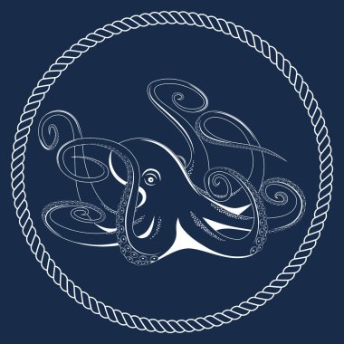 Mavi arka plan üzerindeki beyaz ahtapotun vektör görüntüsü.