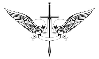 Kanatlı kafatasları, kılıç, kurdele. Siyah beyaz vektör görüntüsü.