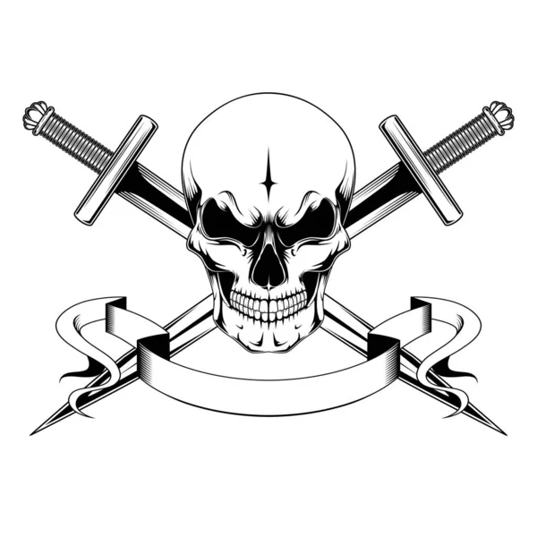 Schwarz Weißes Vektorbild Eines Totenkopfes Mit Schwertern Und Schleife — Stockvektor