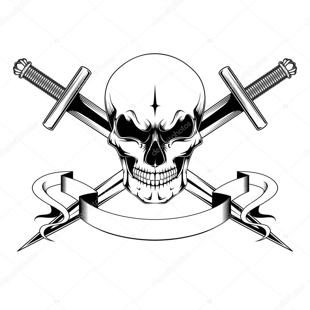 Black and white vector image of a skull with swords and ribbon.