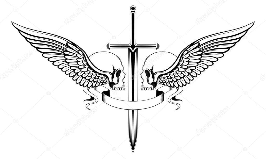 Skulls with wings, sword, ribbon. Black and white vector image.