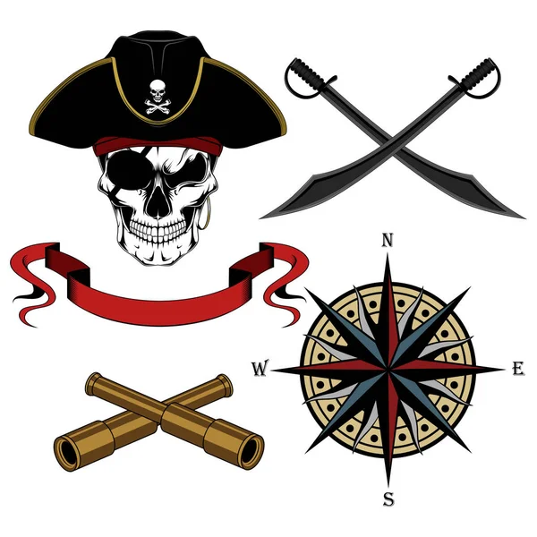 Conjunto Imágenes Vectoriales Capitán Cráneo Piratas Rosa Viento Espadas Telescopios — Vector de stock