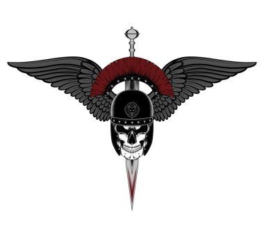 Kılıç ve kanatları olan roma miğferinde kafatası. Beyaz arka planda vektör görüntüsü.