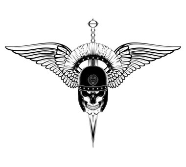 Bir kılıç ve kanatları ile bir kask bir lejyoner kafatası vektör görüntü. Beyaz arka plan üzerinde siyah beyaz vektör görüntüsü.