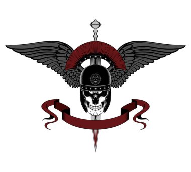 Bir kılıç, kanatlar, kurdele ile roma kask bir kafatası vektör görüntüsü. Beyaz arka plandaki resim.