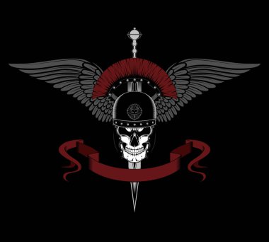 Bir kılıç, kanatlar, kurdele ile roma kask bir kafatası vektör görüntüsü. Siyah arka plan daki resim.