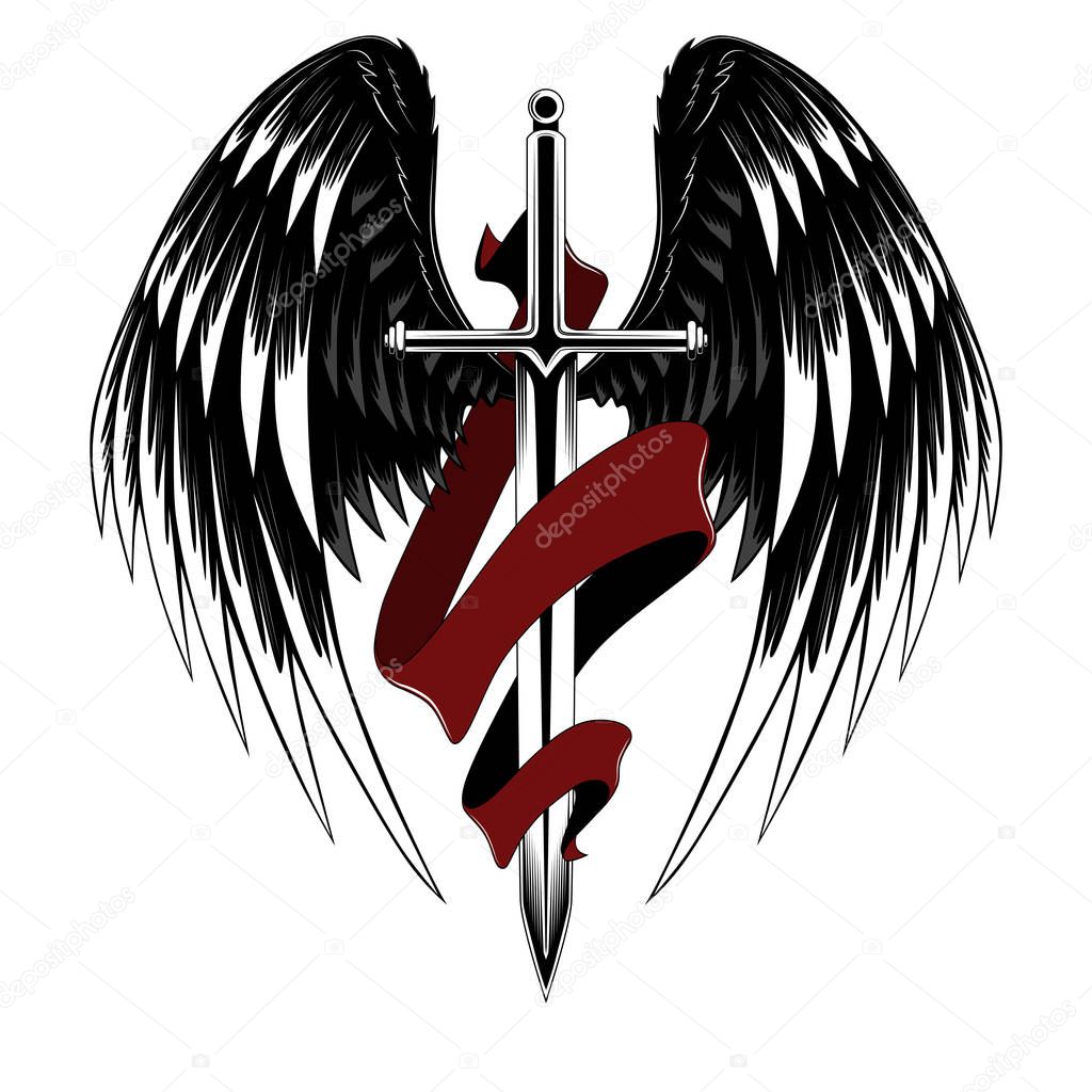 Sword with wings and red ribbon. Vector image on white background.