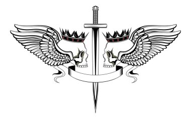 Kanatlı taçlı kafataslarının siyah ve beyaz vektör görüntüsü.
