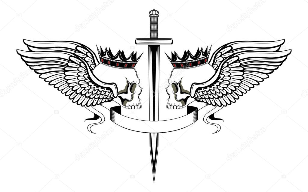 Black and white vector image of crowned skulls with wings.